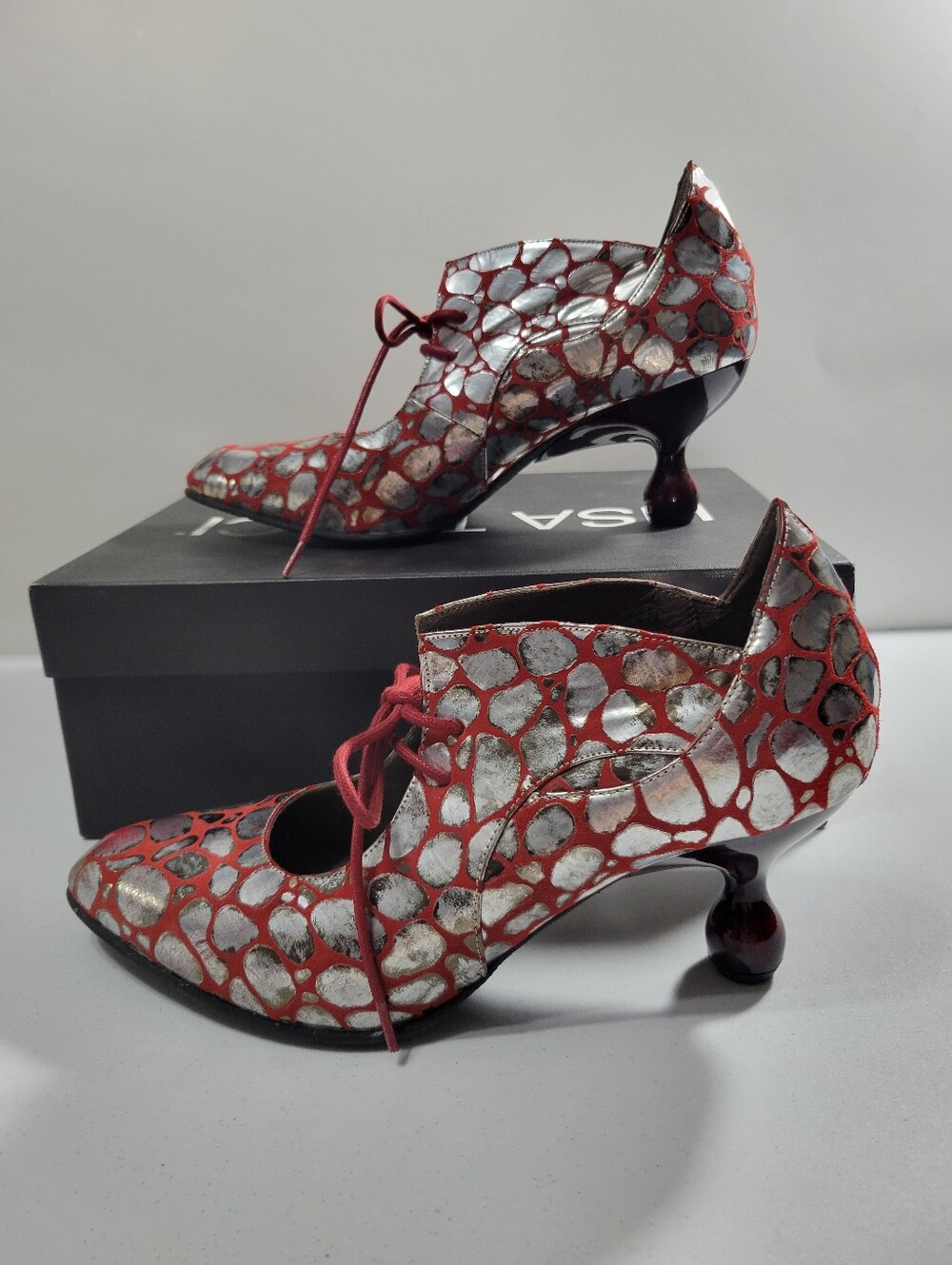 Lisa Tucci Red & Silver Metallic Pattern Lace-Up Statement Heels - Size 39